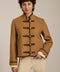 Wool-blend military jacket with faux suede trim, stand collar, frog closures and side-entry welt pockets.