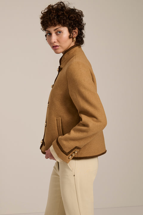 Wool-blend military jacket with faux suede trim, stand collar, frog closures and side-entry welt pockets.