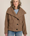 Women's wool-blend wrap jacket with oversized convertible collar and patch pockets.