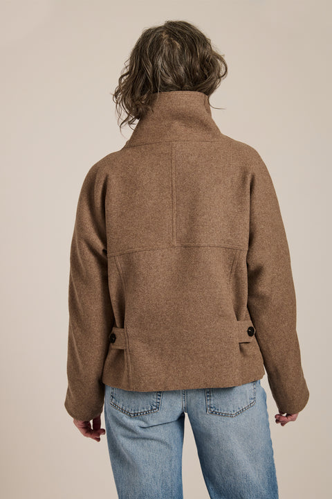 Women's wool-blend wrap jacket with oversized convertible collar and patch pockets.
