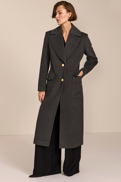 classic  wool coat with calf length cut and patch pockets ideal for adding sophistication to everyday outfits