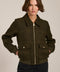 Women's plaid bomber jacket with rib-knit trim, zip-front closure, and utility pockets in olive green