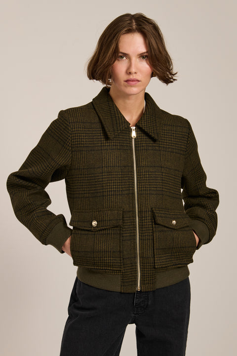Women's plaid bomber jacket with rib-knit trim, zip-front closure, and utility pockets in olive green