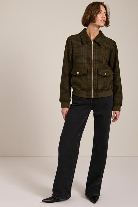 Women's plaid bomber jacket with rib-knit trim, zip-front closure, and utility pockets in olive green