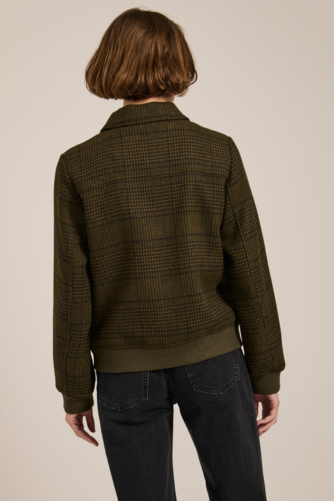 Women's plaid bomber jacket with rib-knit trim, zip-front closure, and utility pockets in olive green