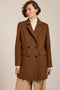 Women's double-breasted blazer coat with tailored lapels and mid-thigh silhouette.