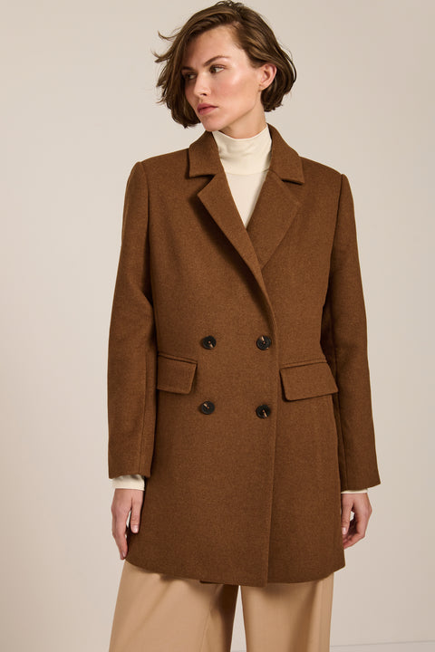 Women's double-breasted blazer coat with tailored lapels and mid-thigh silhouette.