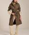Women's gingham belted coat with tailored silhouette and removable waist belt in brown