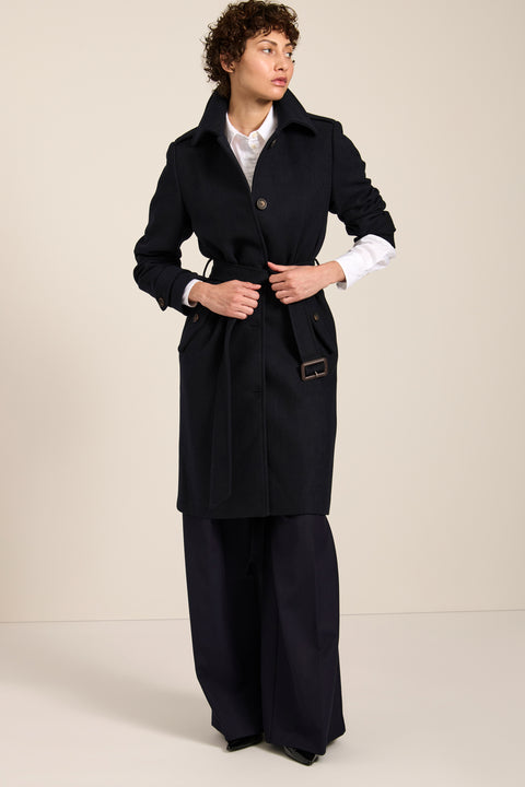 Women's gingham belted coat with tailored silhouette and removable waist belt in brown