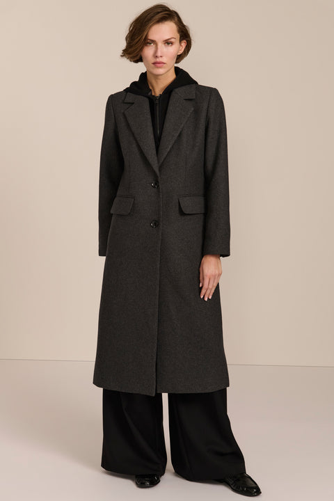 women's wool coat with a notched collar, flap pockets and zip-front hooded knit bib.