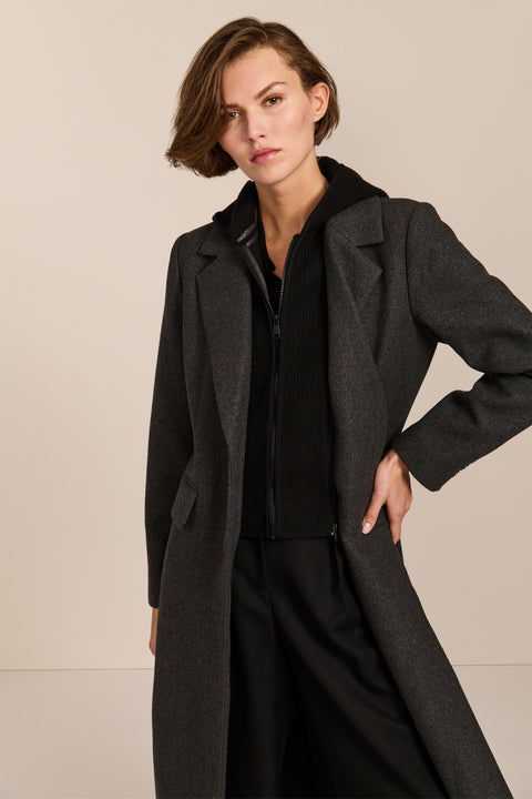 women's wool coat with a notched collar, flap pockets and zip-front hooded knit bib.