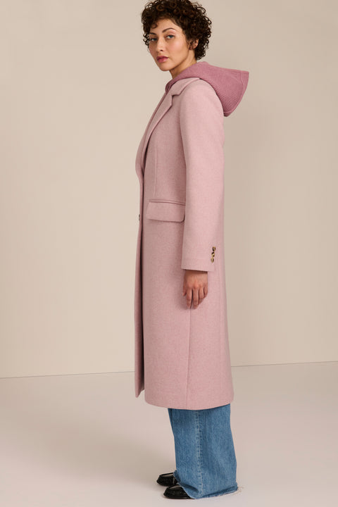 women's wool coat with a notched collar, flap pockets and zip-front hooded knit bib.