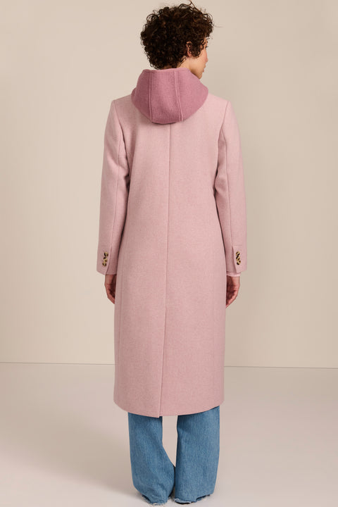 women's wool coat with a notched collar, flap pockets and zip-front hooded knit bib.