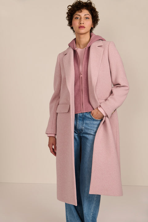 women's wool coat with a notched collar, flap pockets and zip-front hooded knit bib.
