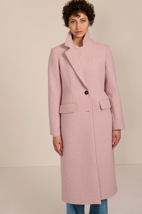 women's wool coat with a notched collar, flap pockets and zip-front hooded knit bib.