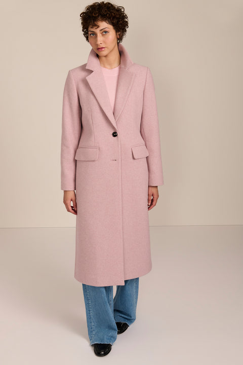 women's wool coat with a notched collar, flap pockets and zip-front hooded knit bib.