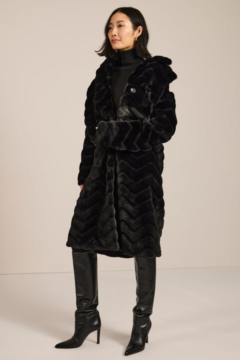 Long faux fur coat with chevron-textured finish, notch collar, button-front closure and full-length silhouette