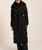 Belted quilted puffer coat with oversized diamond quilting, removable knit bib and stand collar.