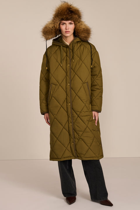Oversized long puffer coat with diamond quilting, corduroy trim, hood, welt pockets, and Ecoplume insulation.