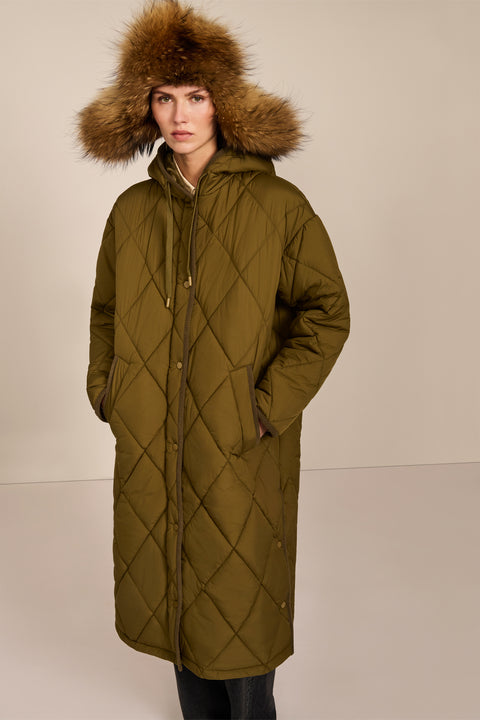 Oversized long puffer coat with diamond quilting, corduroy trim, hood, welt pockets, and Ecoplume insulation.