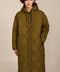 Oversized long puffer coat with diamond quilting, corduroy trim, hood, welt pockets, and Ecoplume insulation.