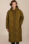 Oversized long puffer coat with diamond quilting, corduroy trim, hood, welt pockets, and Ecoplume insulation.