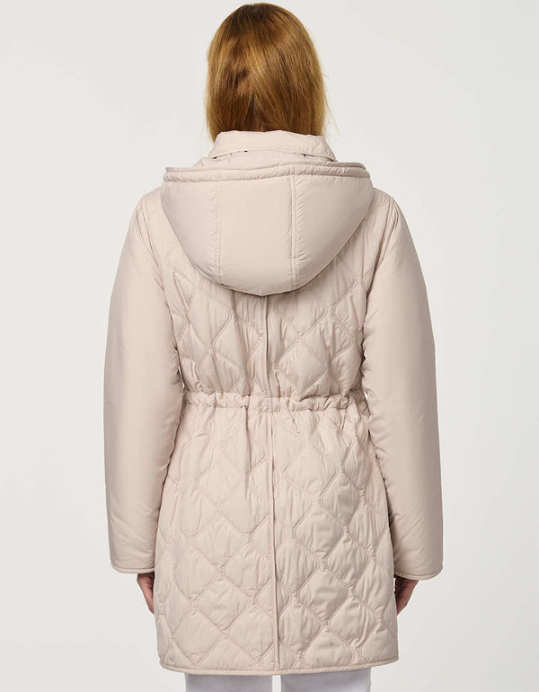 Women’s quilted utility jacket with flap pockets, snap front closure, attached hood, and cinched drawstring waist.