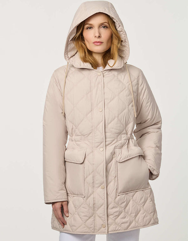 Women’s quilted utility jacket with flap pockets, snap front closure, attached hood, and cinched drawstring waist.
