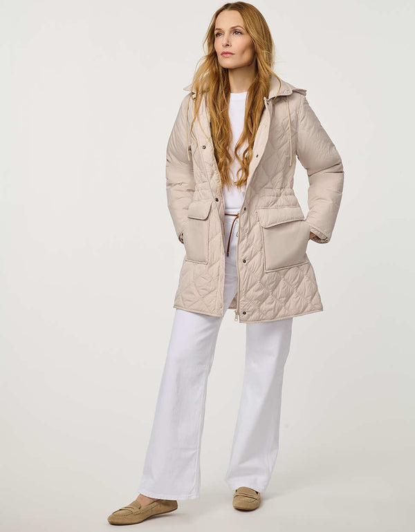 Women’s quilted utility jacket with flap pockets, snap front closure, attached hood, and cinched drawstring waist.