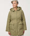 Women’s quilted utility jacket with flap pockets, snap front closure, attached hood, and cinched drawstring waist.