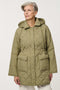 Women’s quilted utility jacket with flap pockets, snap front closure, attached hood, and cinched drawstring waist.