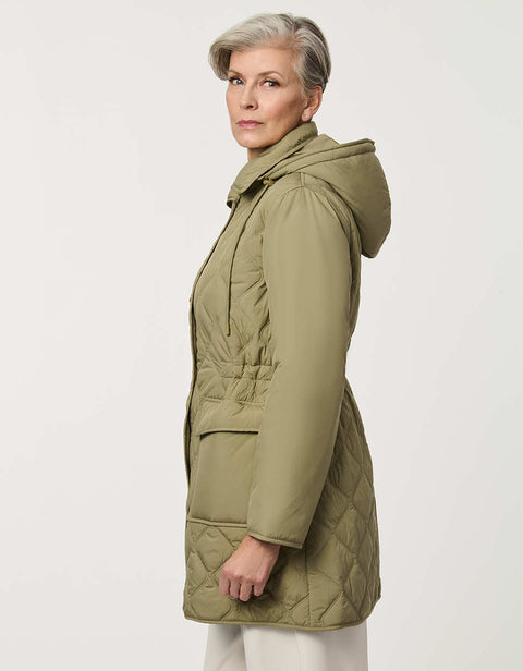 Women’s quilted utility jacket with flap pockets, snap front closure, attached hood, and cinched drawstring waist.