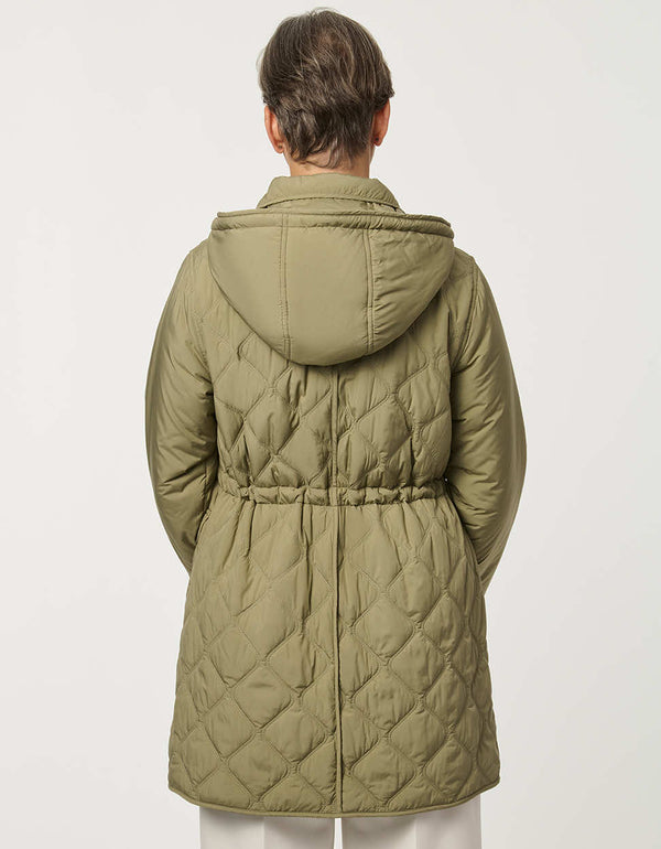 Women’s quilted utility jacket with flap pockets, snap front closure, attached hood, and cinched drawstring waist.