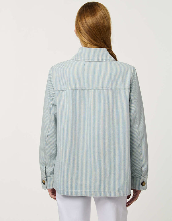Women’s striped denim jacket with a relaxed fit and tortoise shell buttons.