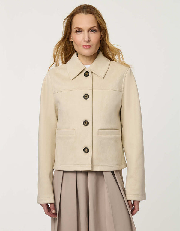 Women’s faux suede jacket with a smooth finish, clean silhouette, and contrast buttons.