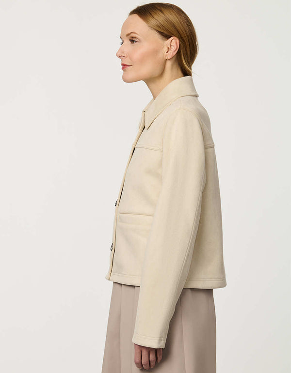 Women’s faux suede jacket with a smooth finish, clean silhouette, and contrast buttons.
