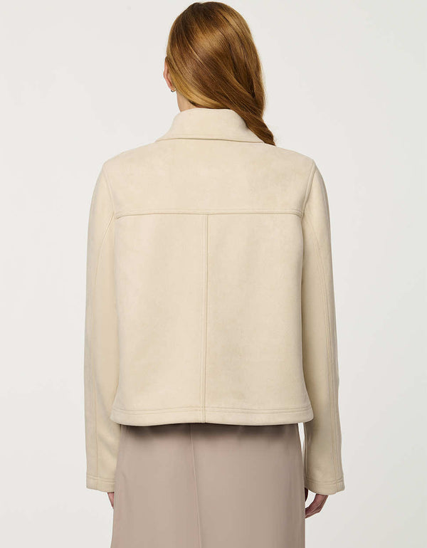 Women’s faux suede jacket with a smooth finish, clean silhouette, and contrast buttons.