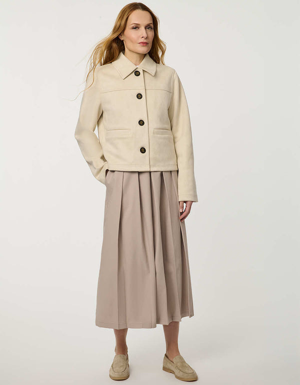 Women’s faux suede jacket with a smooth finish, clean silhouette, and contrast buttons.