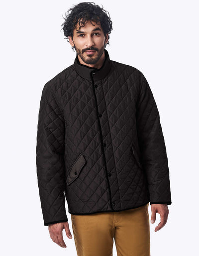 mens harbor quilted jacket in black with ecofriendly fill faux suede collar and water resistant design