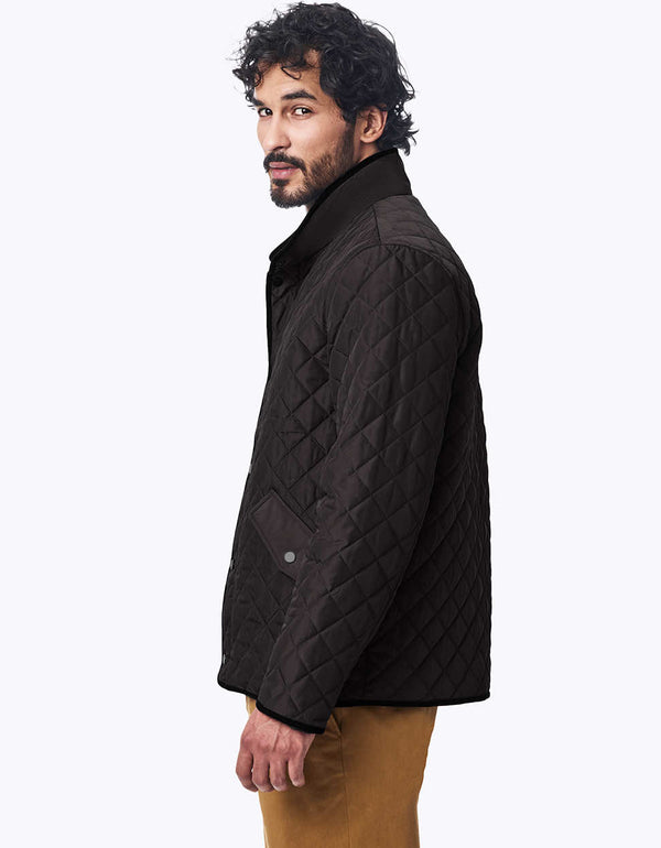 mens black harbor quilted jacket featuring a faux suede collar and water resistant finish for all day comfort