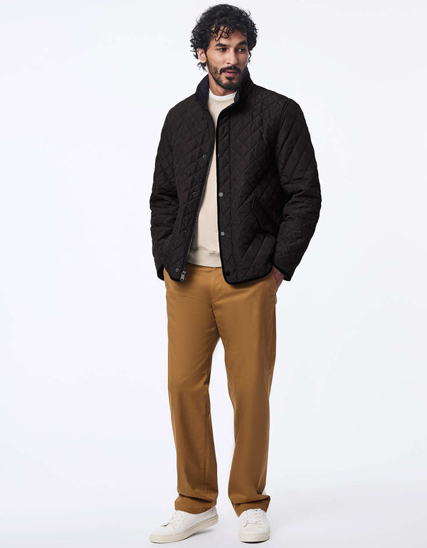 mens harbor quilted jacket in black with ecofriendly fill faux suede collar and water resistant design