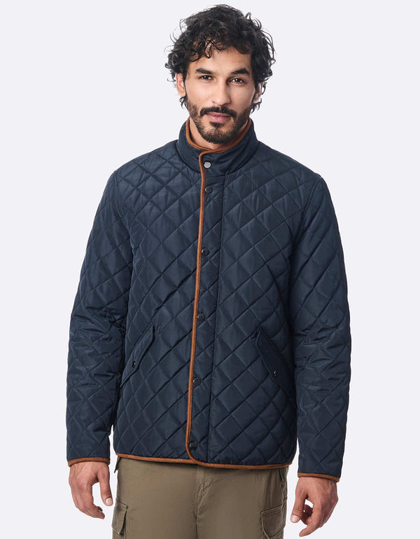 mens navy blue quilted jacket with faux suede details and eco insulation for a functional stylish look