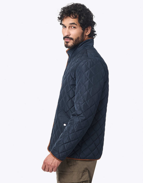 cool navy quilted jacket for men with water resistant fabric and sustainable eco fill for warmth