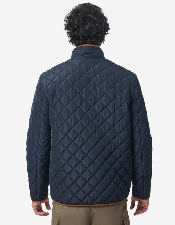 classic navy quilted jacket for men with eco friendly fill faux suede accents and water resistant protection