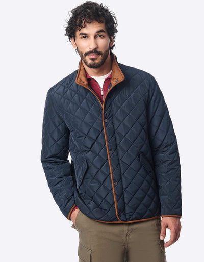 rich navy quilted jacket for men with sustainable materials and a faux suede collar for added comfort