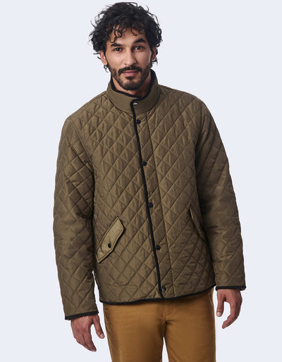mens olive green quilted jacket with eco insulation and faux suede collar perfect for outdoor wear