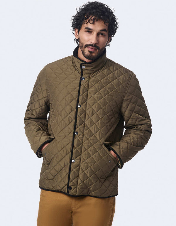 mens olive green quilted jacket with eco insulation and faux suede collar perfect for outdoor wear