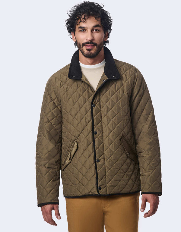 olive green quilted jacket for men offering warmth with eco insulation and water resistant design