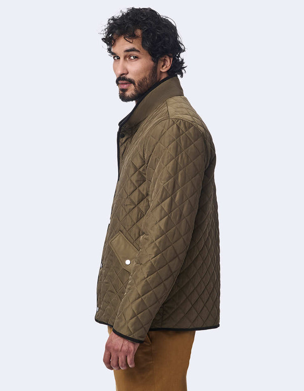 mens olive puffer jacket with sustainable materials faux suede collar and weather resistant finish