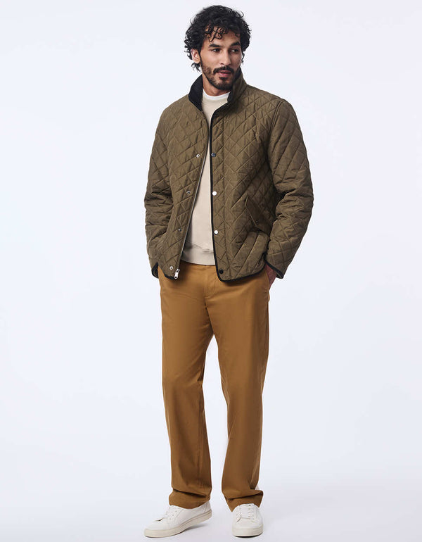 mens olive jacket with quilted pattern eco insulation and faux suede details for a cozy yet stylish fit